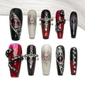 Sun&Beam Nails Handmade Press-on Long Coffin Ballerina Red White Black Silver Glam Halloween Ombre Design Fashion False Nail Tips 10 Pcs Set (#189 L)