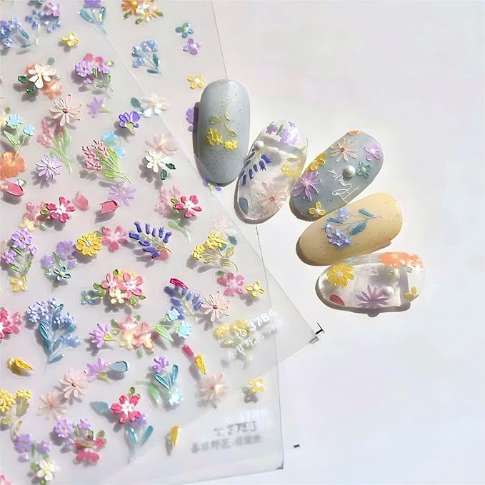 Dedyel Spring Wildflowers Nail Sticker 5D Embossed Wildflower Nail Stickers Spring Summer Red Yellow Blue White Flower Design Nail Art Decoration for Women Girls Kids