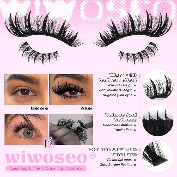 wiwoseo Spiky Lash Clusters with Bottom Lashes Clusters Kit Volume Lash Spikes Cluster Eyelash Extensions Kit Mink Eyelash Clusters Spiky Cluster Lashes Clusters with Bond and Seal(Bottom+Spikes+100D)