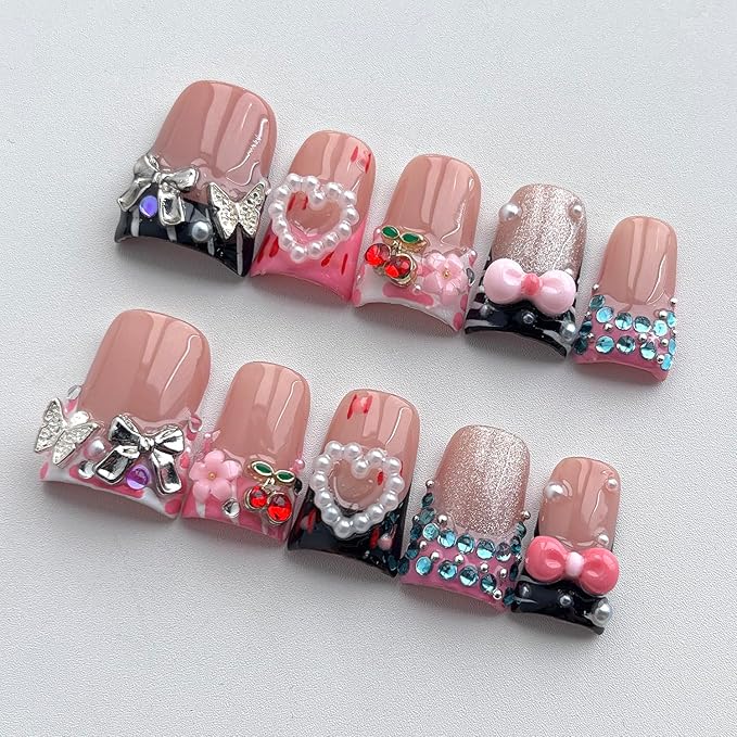French Tip Press on Nails Handmade Short Duck 3D Flower Thick Acrylic Nails Cute False Nails with Bow Cherry Rhinestones Pearls Designs Glossy Fake Nail Sturdy Art Press on Nail 10Pcs(S)