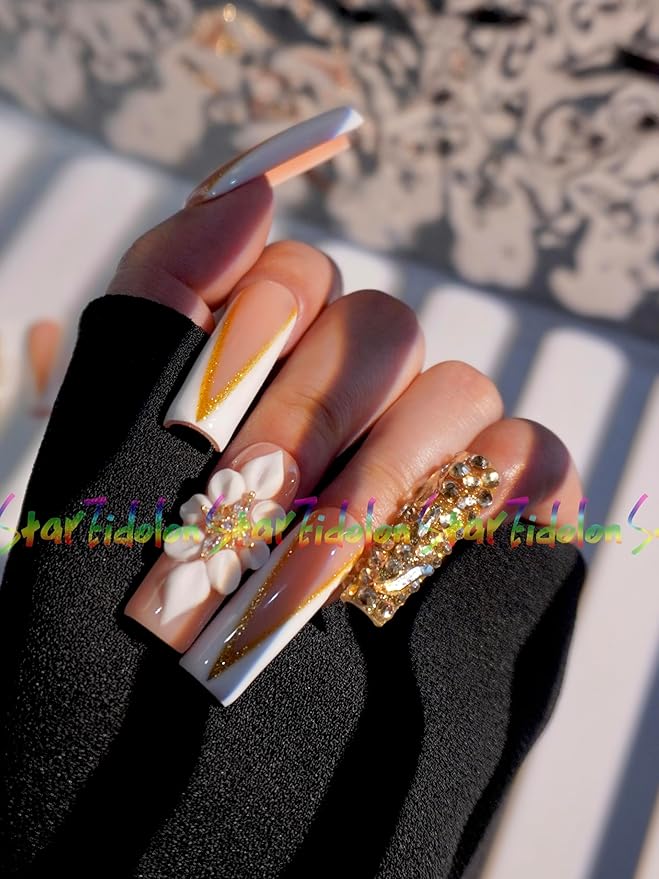 HAND-PAINTED White Press Ons Neon Small Press on Nails Long French Press on Nails Coffin Medium Short Nail art Fake Nail Art Kit with 7g Glue on Nails Handmade Almond Square Nails (TJ-15, X-Small)