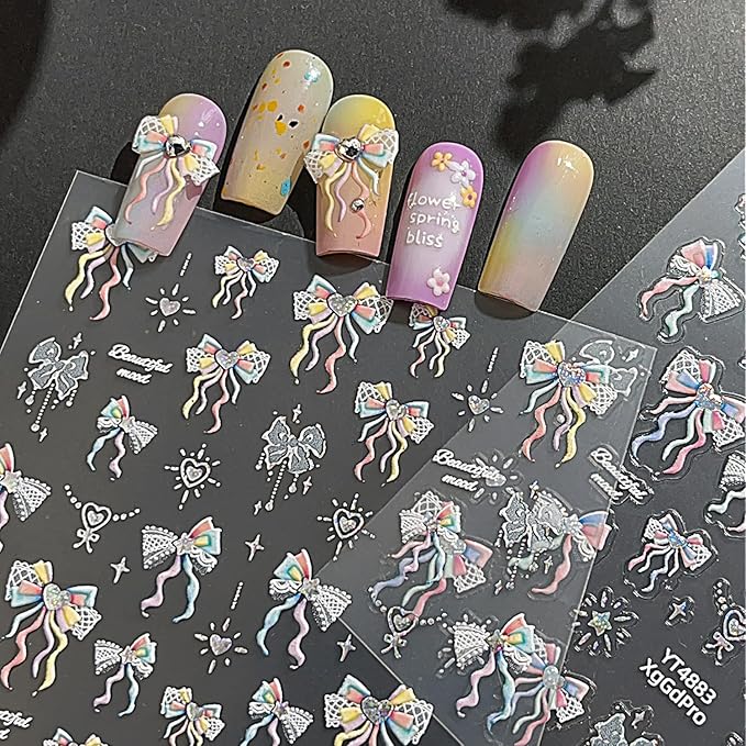 5D Bow Nail Stickers for Nail Art Colorful Lace Ribbon Bow Nail Decals Embossed Valentines Nail Art Stickers Self Adhesive Cute Star Heart Nail Decorations Supplies for Women Wedding Manicure 1Sheets