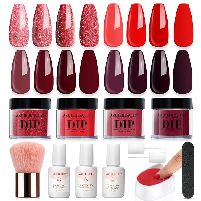 AZUREBEAUTY Dip Powder Nail Kit,4 Colors Red Burgundy Berry Dipping Powder System Liquid Set Recycling Tray with Base & Top Coat Activator for French Nail Art Manicure Salon DIY