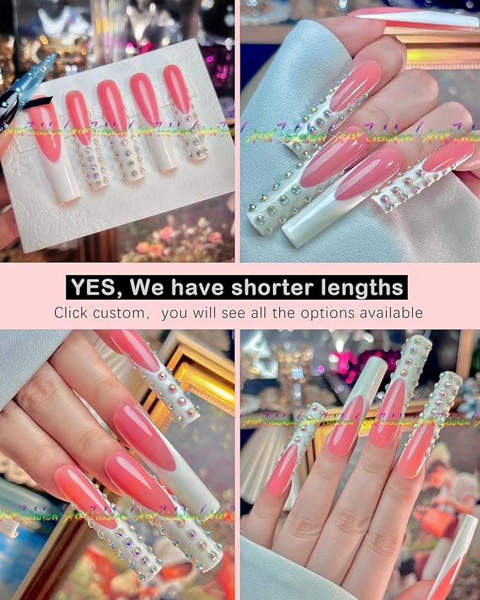 HAND-PAINTED White Press Ons Neon Small Press on Nails Long French Press on Nails Coffin Medium Short Nail art Fake Nail Art Kit with 7g Glue on Nails Handmade Almond Square Nails (Small, J1)