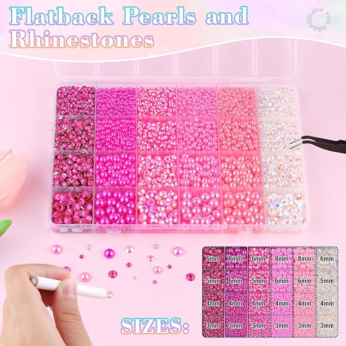 14000Pcs Flatback Pearls and Rhinestones for Crafting, Hot Pink Light Pink Mixed Size 3-8mm Resin Rhinestones and Half Pearls for Bedazzling, Nail Art with Tweezers and Pickup Pencil