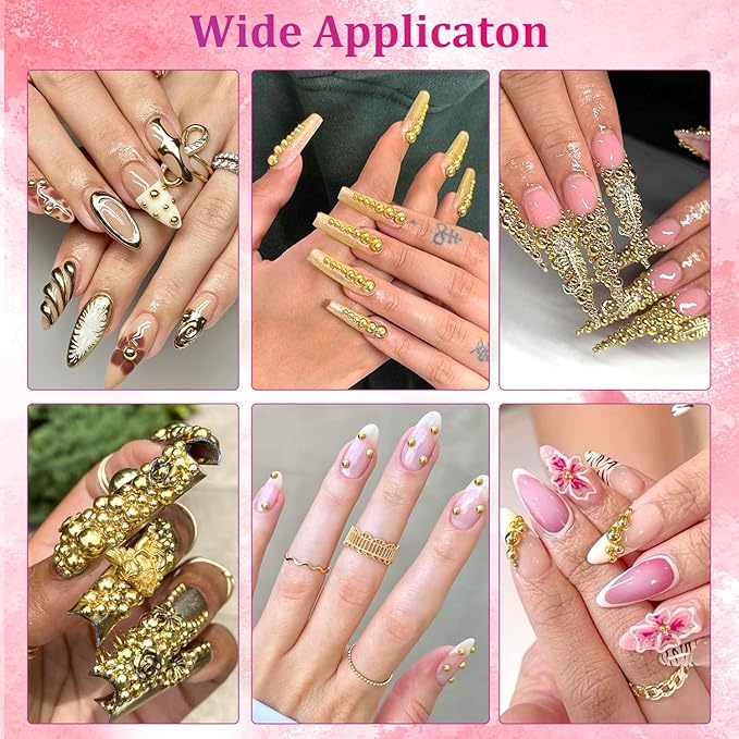 Belleboost Gold Nail Charms and Gems, 2 Boxes Half Round Flatback Pearl Nail Charms, Nail Pearls Rhinestones Kit Gold Beads for Nails with Pencil and Tweezer for DIY Nail Art, Face Makeup and Crafting