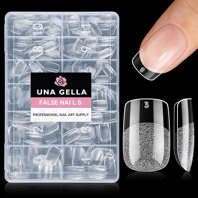 UNA GELLA Short Square Oval Round Nail Tips 216pcs Pre-Etched Short Square Round Oval Press on Nails Squoval Clear Acrylic Fake Full Cover Gel Nails Tips for Nail Extensions Home DIY Salon 12 Sizes