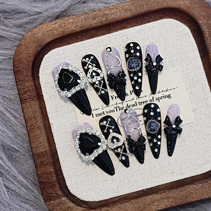 Glam Punk Press on Nails Stiletto Almond Long,3D Heart Rhinestones&Metal Chains Designs,Black Glitter Purple Chrome Nails with Full Cover Micro Gems,Y2K Edgy Girly Streetwear Nails,10pcs L