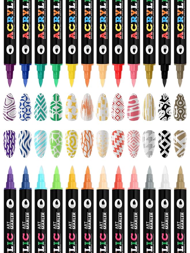 EBANKU 24 Colors Nail Art Pens, 3D Double Head Quick-Drying Nail Art Markers Acrylic Paint Nail Point Dotting Liner Pen No Squeeze Needed for Christmas Party