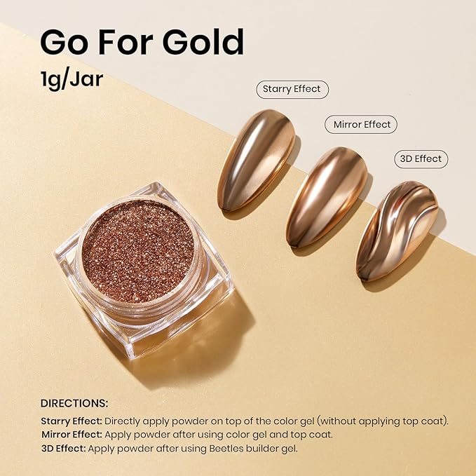 beetles Gel Polish Gold Chrome Nail Powder, Mirror Metallic Effect Premium Salon Nail Glitter Manicure Pigments for Nail Art Design, 0.04oz/1g