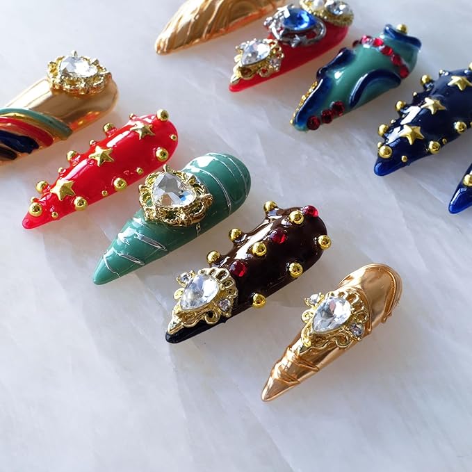 Luxury Handmade Press On Nails, Vintage Bohemian Style, Long Stiletto Shape, Crystal Heart Gems, Gold Stars Design, 10 Pieces (Small, LS)
