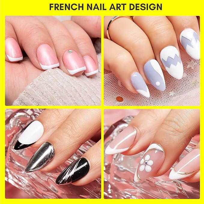 Makartt 7PCS French Nail Art Stickers Kit, 8ML White Gel Polish,6 Sheets French Design Stickers,Self-Adhesive French Manicure Strips Guides Kit For Beginner DIY Design