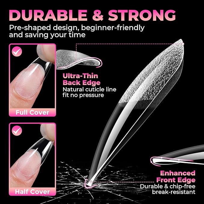 UNA GELLA Stiletto Gel Nail Tips:510Pcs Full Cover Nail Tips Medium Stiletto Almond Pre-etched Fake Clear Acrylic False Nails Sturdy Stiletto Press on Nails for Nail Extensions Home DIY Salon 15 Sizes