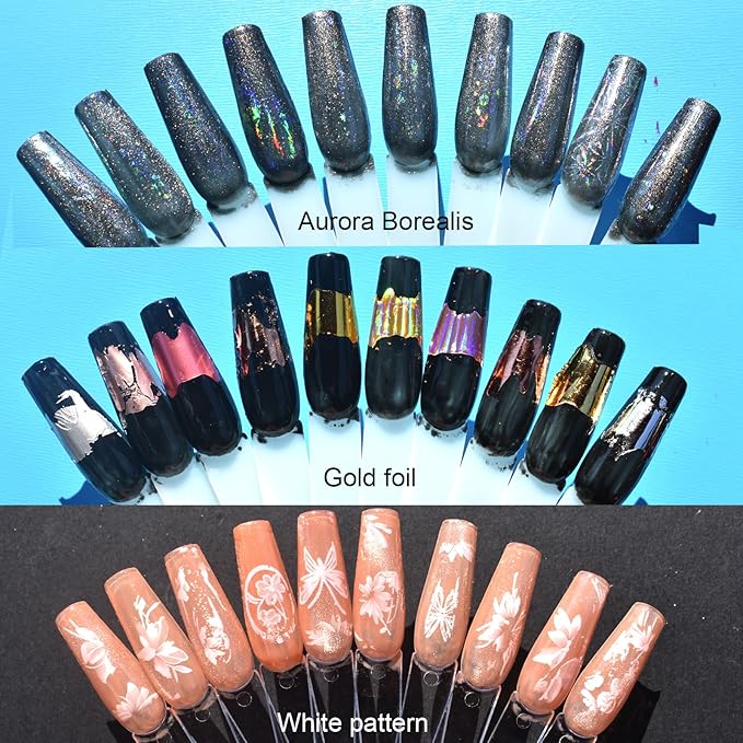 30 Rolls Nail Art Transfer Foils Set,10 Rolls Holographic Laser Aurora Nail Foil and 10Roll Metallic Color Nails Decals and 10Roll White Flowers Nails Foil Transfer Stickers 39.37x1.57 inches (30)