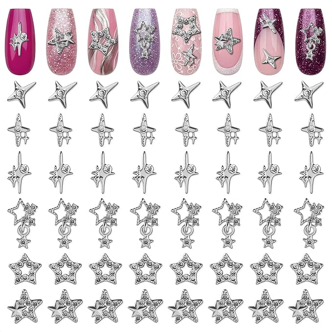 48 Pcs Star Nail Charms – Silver Star Charms for Nails with Shimmer Nail Rhinestones, Lightweight & Long-Lasting, Easy Application – 3D Raised Design for Standout Looks & Statement Manicure Ideas