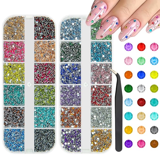 24 Color Full Grids 2mm Small Crystal Resin Rhinestones for Bedazzling Crafting SS6 Tiny Flatback Stones Colorful Gems Diamonds Charms for Nails Eyes Face Makeup Tumblers Bottles DIY Crafts
