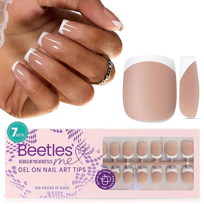 Beetles Press On Nails Square- French Tip Nails 210pcs Short Square Brown Soft Gel Nail Tips Pre-applied Tip Primer No Need File False Nails for Nail Art DIY 15 Sizes
