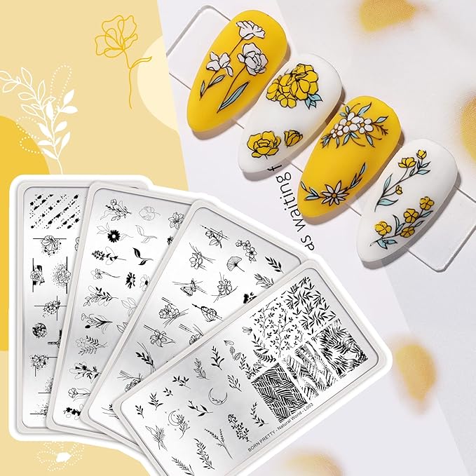 BORN PRETTY Stamping Temeplates Nail Art Stamping Plates Flower Leaves Theme Nail Image Plates Nail Manicuring DIY Printing Tools 4PCS