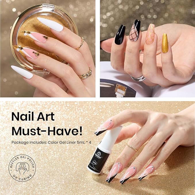 beetles Nail Art Liner Gel Polish Set, 4 Pcs Neutral Classic Glitter Reflective Colors Swirl Manicure Design Shiny Gold Silver Black White Decoration Holiday Party Gifts for Women Girls
