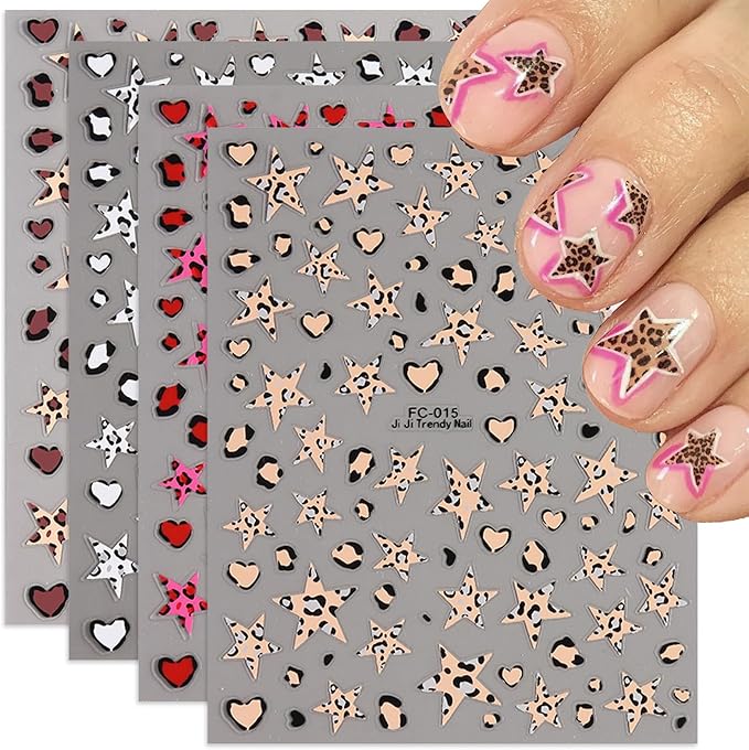 Leopard Print Nail Stickers Fall 5D Embossed Nail Art Stickers Autumn Nail Decals with Stars Designs Brown Pink DIY Self-Adhesive Nail Art Supplies 4 Sheet