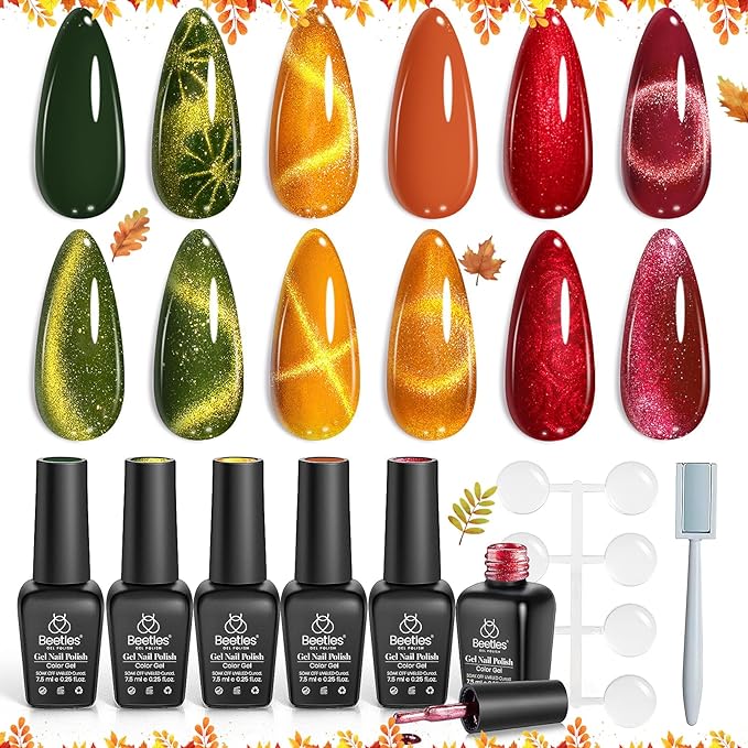 Beetles Cat Eye Gel Nail Polish Set, 6 Colors Red Burgundy Gel Olive Green Cat Eye and Pearl Nail Polish with Magnet Soak Off LED Nail Art Kit DIY Salon at Home Gifts for Women