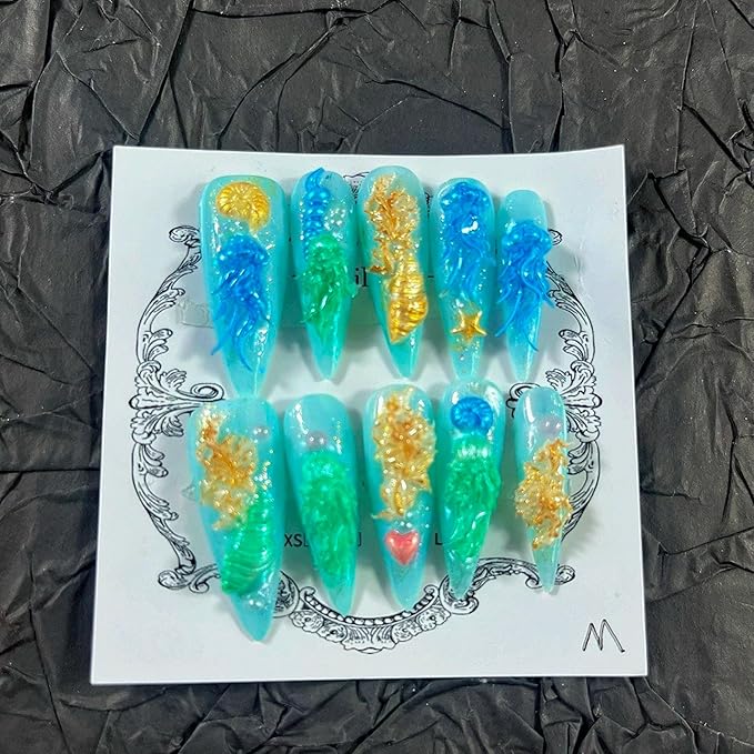 Press on Nails Handmade Nails 10Pcs Fresh Style Hand Embossed Blue Manual Press on Nails for Women Party Holiday Photo 33mm Long Size M