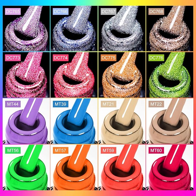 MTSSII Purple Blue Khaki Green Orange Red Gel Nail Polish 18 Pcs Set Silver Yellow Rose Red Pink Green Orange Glitter Gel Nail Polish with Base Gel Set Glitter Polish Kit for DIY Nail Art Women Gifts