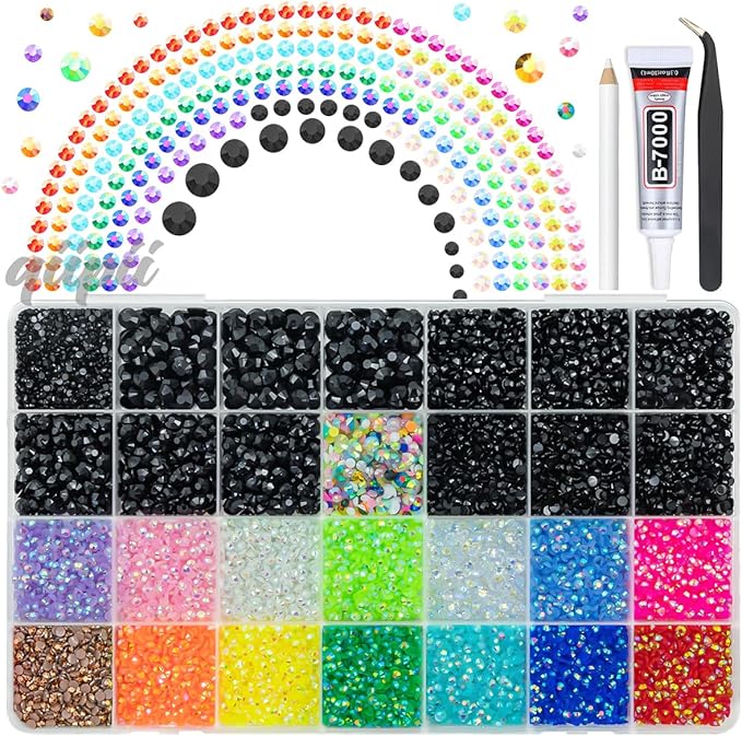 Pure Black Resin Rhinestones w B7000 Glue for Crafting Bedazzling 2mm-6mm Flatback Colorful Jelly Stones Diamonds Gems Bedazzler Kit for Nails Face Eyes Makeup Tumblers Bottles Shoes DIY Crafts
