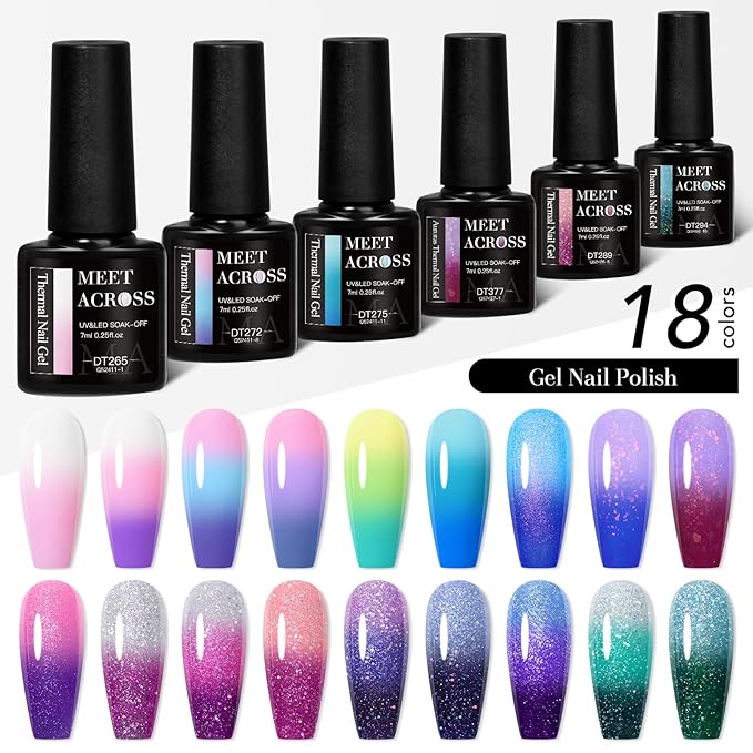 MEET ACROSS 18Pcs Color Changing Gel Nail Polish Set Pink Purple Blue Green Temperature Change Gel Polish Soak Off UV/LED Glitter Mood Temperature Color Change Gel Manicure Kit