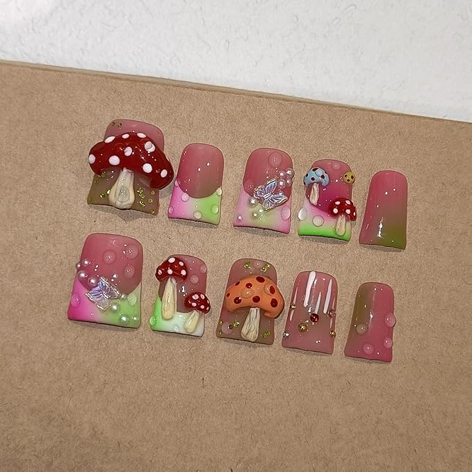 Duckbill Coffin Ballerina Shape Fake Nails,Ombre French Tips Press on Nails 10 Pcs with Tool Kit,3D Butterfly Mushroom Embossed Design Glue on Nails with Pearl & Rhinestone Cute Fake Nails(M)
