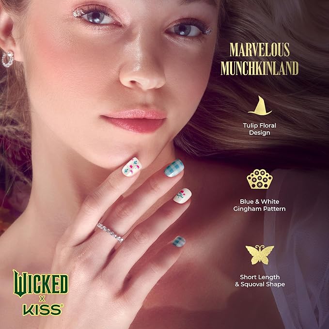 WICKED X KISS Press On Nails, ‘Marvelous Munchkinland’, Blue, Short Squoval, Waterproof, Chip Proof, Smudge Proof, 28 Fake Nails, Pink Gel Nail Glue (2g), Mini Nail File, & Manicure Stick