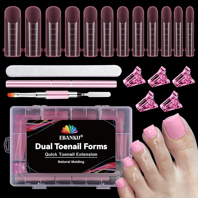 EBANKU Poly Gel Toe Nail Form Set, Reusable Toenails Dual Forms for Nail Extensions, Pink Poly Gel Toe Nail Tips with Dual-Ended Brush and Nail File, 5PCS Clips - 12 Sizes 120PCS