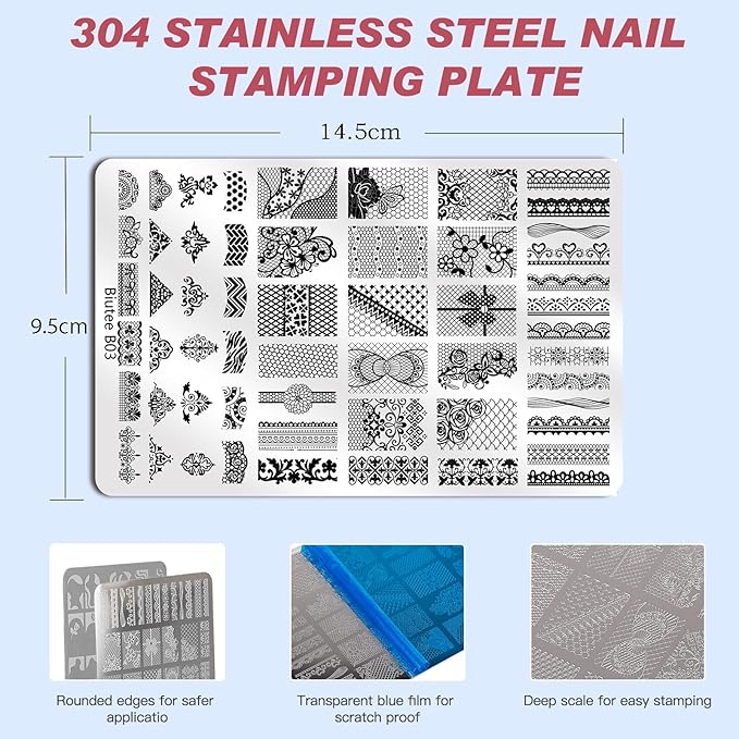Biutee Nail Stamping Plates Set 2 PCS Large Plate 110 Patterns Nail Art Stamper Scraper Nail Stamp Template Kit French Line Lace Flower Design Masnicure Plates