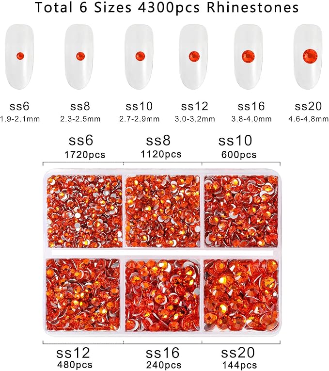 Beadsland 4300pcs Flatback Rhinestones,Orange Rhinestone Nail Gems Round Crystal Rhinestones for Crafts,Mixed 6 Sizes with Picking Tweezers and Wax Pencil Kit, SS6-SS20,Hyacinth/Orange