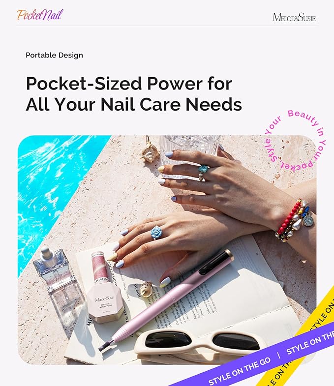 MelodySusie PocketNail Pen-Shaped Cordless Modular Nail Drill, PC100GR 20000RPM Slim Portable Rechargeable Electric File for Manicure Pedicure Nail Care, Shaping & Gel Removal at Home for Beginners