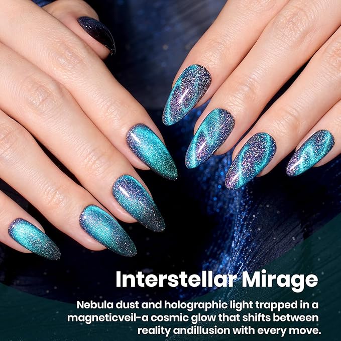 Beetles Cat Eye Gel Nail Polish - 15ML 9D Cat Eye Chameleon Blue Glitter Gel Polish Interstellar Mirage Blue Purple Magnetic Shimmer Effect Soak Off UV Salon DIY Manicure Gifts for Women