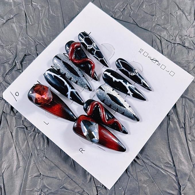Press on Nails Handmade Nails 10Pcs Dark Gothic Style Manual Press on Nails Red Eyes Fake Nails for Women Party Holiday Photo Size S