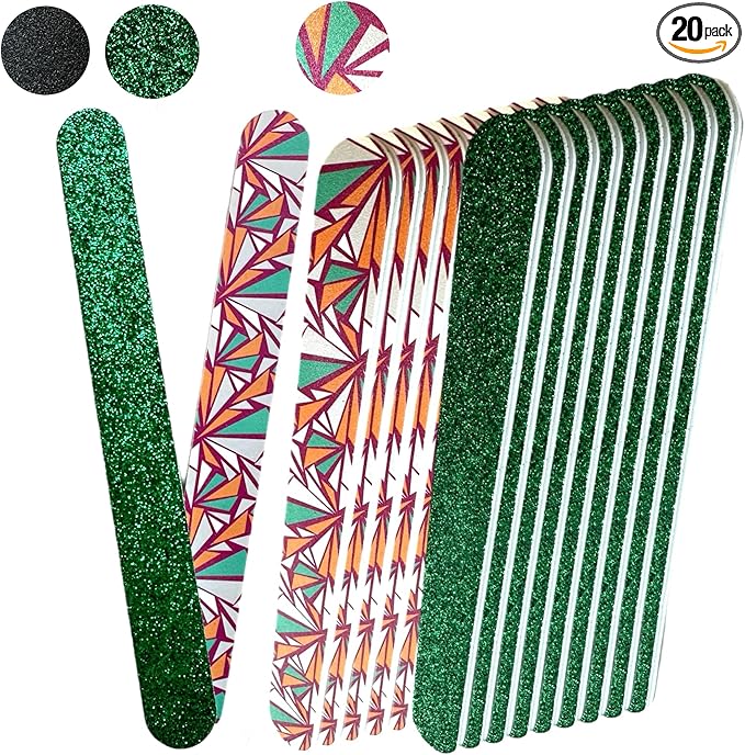 20 pc ALAZCO Premium Nail Files Coarse & Medium Grit Professionals & DIY Washable Emery Boards for Natural Acrylic Gel Press-On Nails Travel TSA Friendly Colorful Pattern/Black/Green Glitter