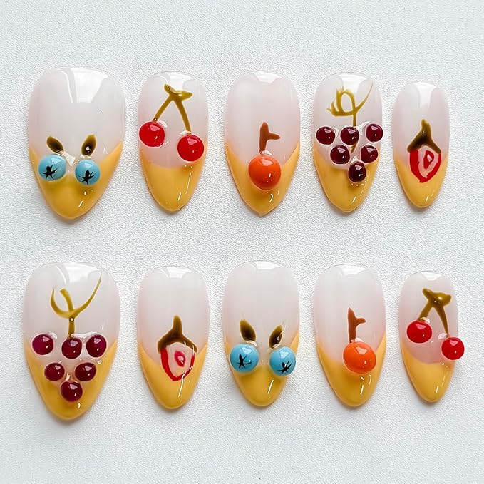 Luxury Press on Nails Short Almond Handmade 3D Unique Reusable ABS Material Fake Nails Yellow French Tip Purple False Nails with Designs Fruit Cherry Grape Glossy Glue on Nail Thick Acrylic Nail(S)