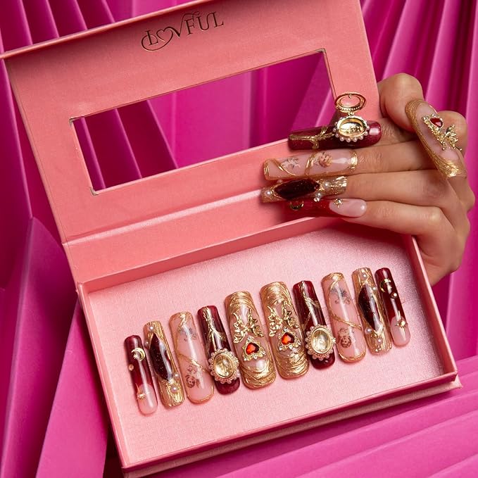 LOVFUL Press on Nails Verona Handmade Curve | Handmade with Full Covered Crystals | Reusable Fake Nails | Square Mid length 1.7in | H186-S