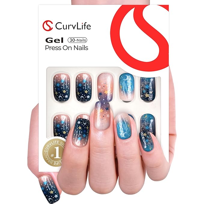 Curvlife Press on Nails Acrylic Medium Fake Nails with Sky Design Full Cover False Nails for Women Reusable Nail Kit with Nail Glue Adhesive Tabs
