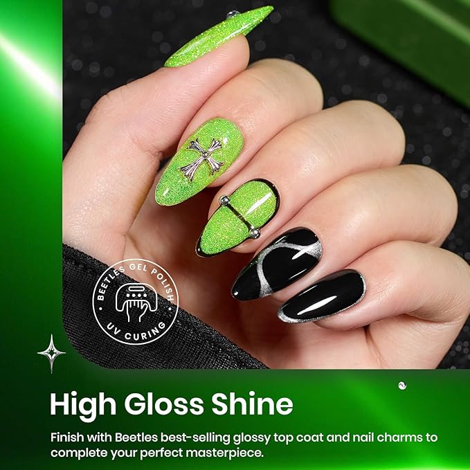 Beetles Neon Green Gel Nail Polish Set, Black Glitter Silver Brat Tribe Gel Polish with Rhinestones Soak off Uv Lamp Nail Festival Manicure Gift for Women
