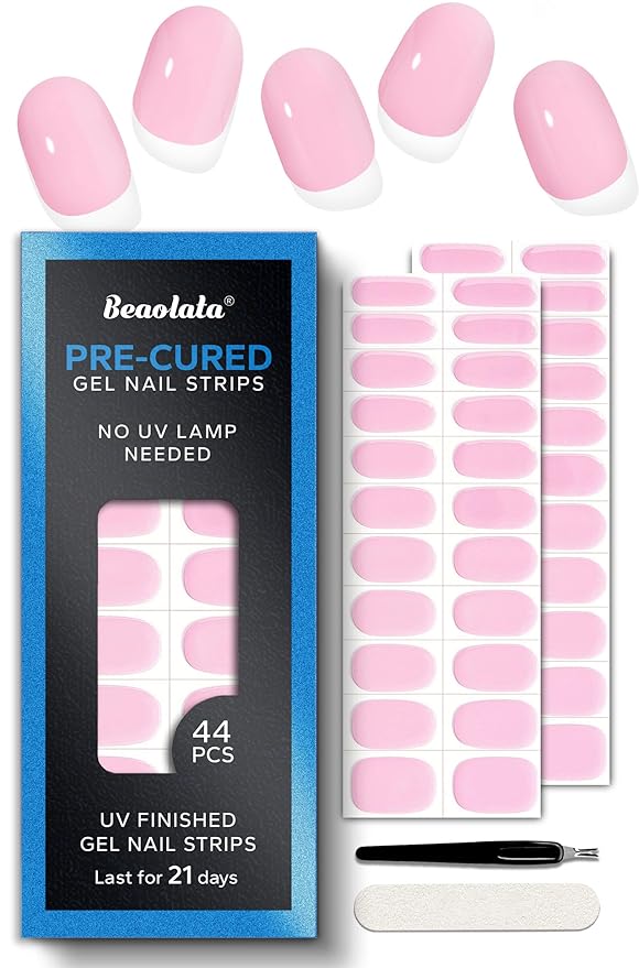 Pre Cured Gel Nail Strips - 44PCS Salon Quality Gel Nail Stickers - Long Lasting Polish Wraps for Women no UV Light Needed Easy Apply & Remove (Pure Pink)