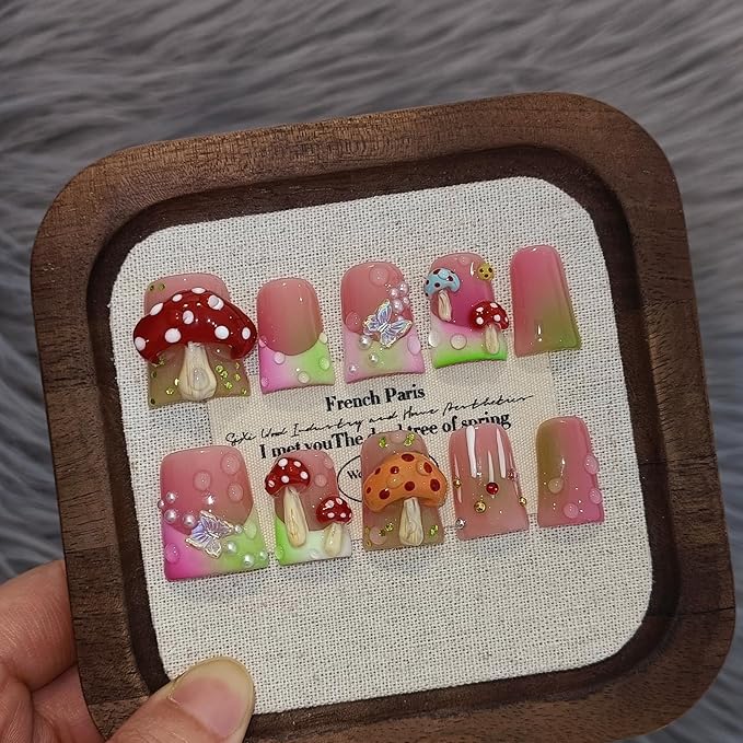 Duckbill Coffin Ballerina Shape Fake Nails,Ombre French Tips Press on Nails 10 Pcs with Tool Kit,3D Butterfly Mushroom Embossed Design Glue on Nails with Pearl & Rhinestone Cute Fake Nails（S)