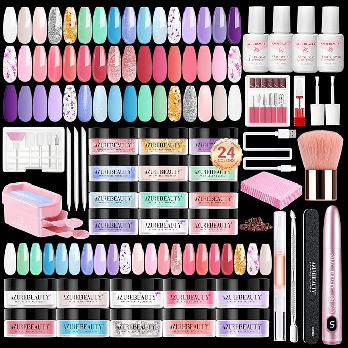 AZUREBEAUTY Dip Powder Nail Kit with Electric Nail Drill 24 Colors Pink Pastel Blue Purple Nails Starter Kit with Dip Liquids Base Top Coat Activator Portable Manicure French Nail Art Essential Set