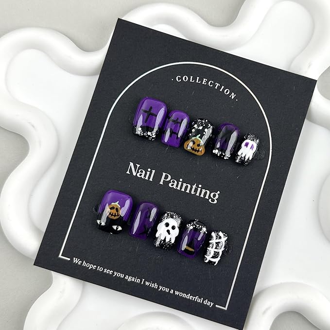 100% Handmade Press on Nails Halloween Short Square Fake Nails with Design Ghost Pumpkin Bat Glue on Nails Black Purple French tip False Nails Reusable Handmade Halloween Nails Size M