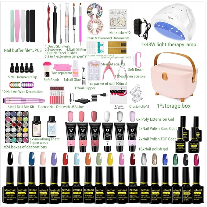Gel Nail Polish Kit with 48W UV Lamp, 22pcs nail polish with Base Coat and Top coat, 6 Colors Extension Poly Nail Gel set，Nail Drill & More,Professional Manicure Tool for Home DIY Salon