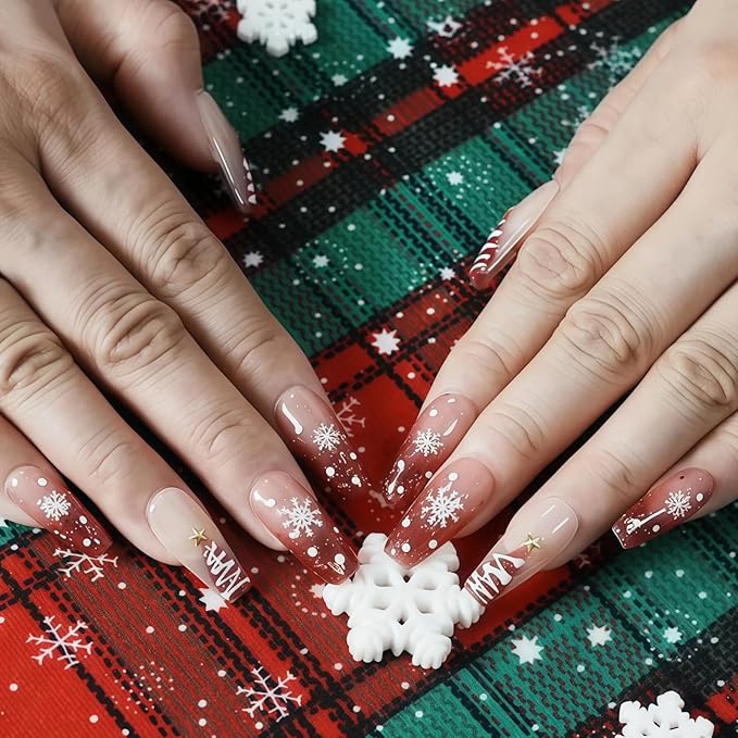 Glitter Press on Nails Short Coffin - Sweet Pink Red Gradient Handmade Nails Xmas Tree & Snowflake Pearl Star Design, Glossy Full Cover False Nails for New Year Nails Art (Festive Dream,S)