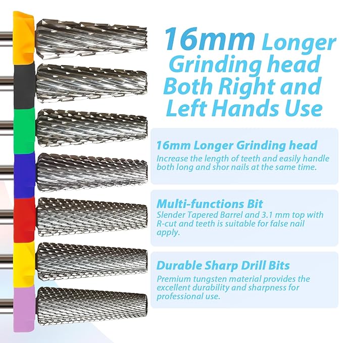 16mm 5 in 1 Tapered Barrel Nail Drill Bits, 3/32'' Safety Tungsten Carbide Bits, Right & Left Rotation, Manicure Cuticle Gel Acrylic Removal Polishing, Technicians Bits, Double Coarse