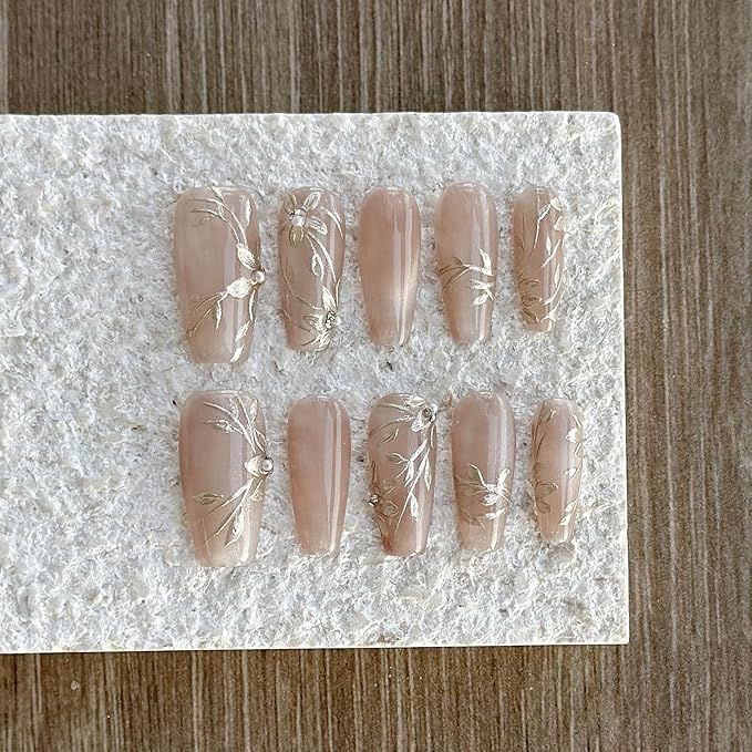 Nude Press-on Nails, Long Ballerina Shape, Gold Floral Design with Pearls, Handmade False Nail 10 Pieces (Small,LB)